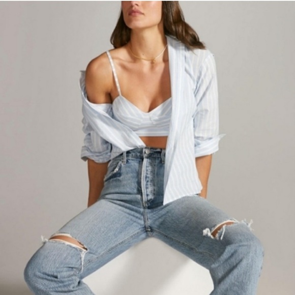 Anthropologie Sky Blue Striped Button-Down Shirt - Picture 4 of 5